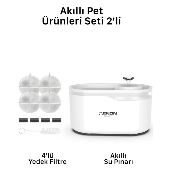 Xenon Smart Akıllı Otomatik Ultra Sessiz Kedi Su Pınarı Uygulama Kontrollü LED Işıklı Su Şelalesi Ve Yedek Filtre 2'li Pet Seti - Beyaz - Görsel 3