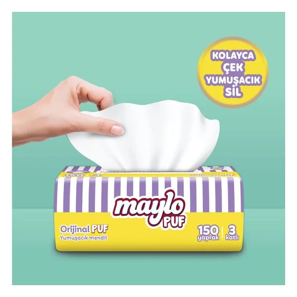 Maylo Puf 150 Yapraklı 3 Katlı Mendil Tek Paket Parfümsüz Ve Düz Yapıda - Görsel 4