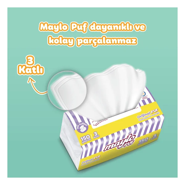 Maylo Puf 150 Yapraklı 3 Katlı Mendil Tek Paket Parfümsüz Ve Düz Yapıda - Görsel 5
