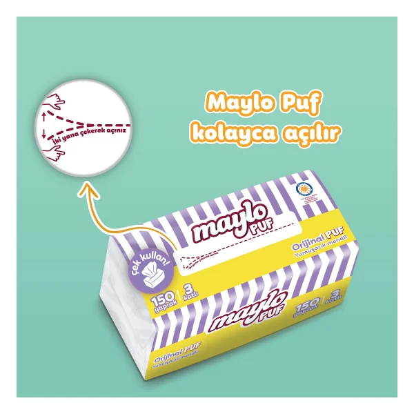 Maylo Puf 150 Yapraklı 3 Katlı Mendil Tek Paket Parfümsüz Ve Düz Yapıda - Görsel 6