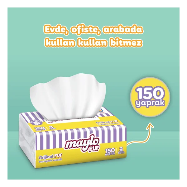 Maylo Puf 150 Yapraklı 3 Katlı Mendil Tek Paket Parfümsüz Ve Düz Yapıda - Görsel 7