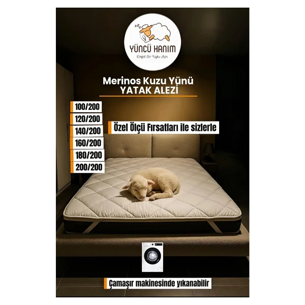 Merinos Kuzu Yünü Yatak Pedi, Yatak Koruyucu, Yatak Şiltesi (%100 Merinos Kuzu Yünü) - 120 X 200 Cm - Görsel 10