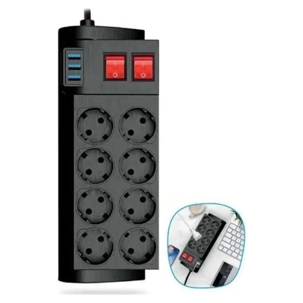 Fulltech Termal Akım Korumalı Isıya Karşı Dayanıklı 8'li Priz Kablo Uzunluğu 2 Mt 3 X USB - Görsel 2
