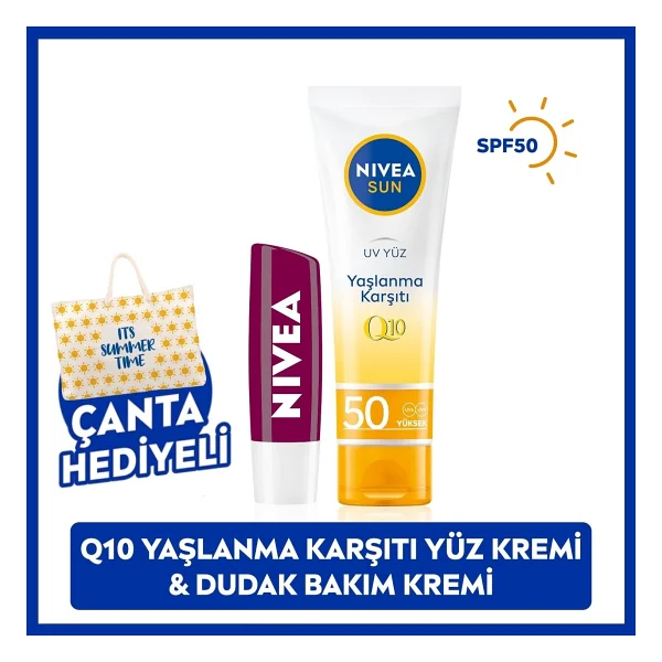 Nıvea Sun Q10 Yaşlanma Karşıtı Güneş Koruyucu Yüz Kremi 50ml Ve Böğürtlen Dudak Bakım Kremi, Çanta Hediye - Görsel 9