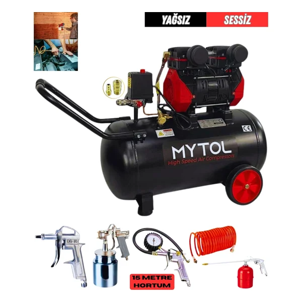 Mytol 50 Litre Yağsız Sessiz Kompresör 1.5 Hp 5 Parça Havalı Alet Seti Profesyonel Hava Kompresörü - Görsel 4