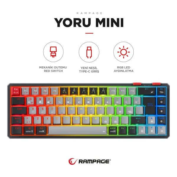 Rampage Yoru Mini Gri-Siyah RGB Tkl Red Switch Kablolu Mekanik Oyuncu Klavyesi - Görsel 6