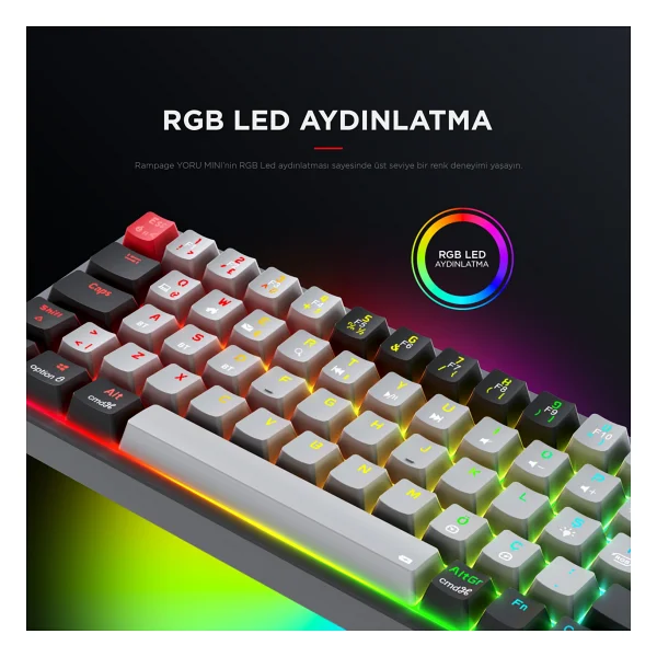 Rampage Yoru Mini Gri-Siyah RGB Tkl Red Switch Kablolu Mekanik Oyuncu Klavyesi - Görsel 2