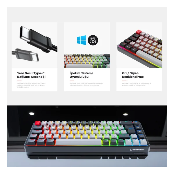 Rampage Yoru Mini Gri-Siyah RGB Tkl Red Switch Kablolu Mekanik Oyuncu Klavyesi - Görsel 5