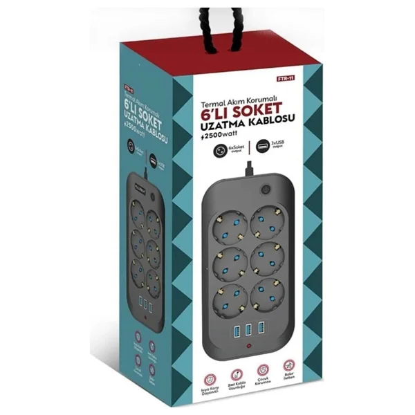 Fulltech Ftr-11 Anahtarlı Usb'li 2 M 6'lı Akım Korumalı Priz - Görsel 2