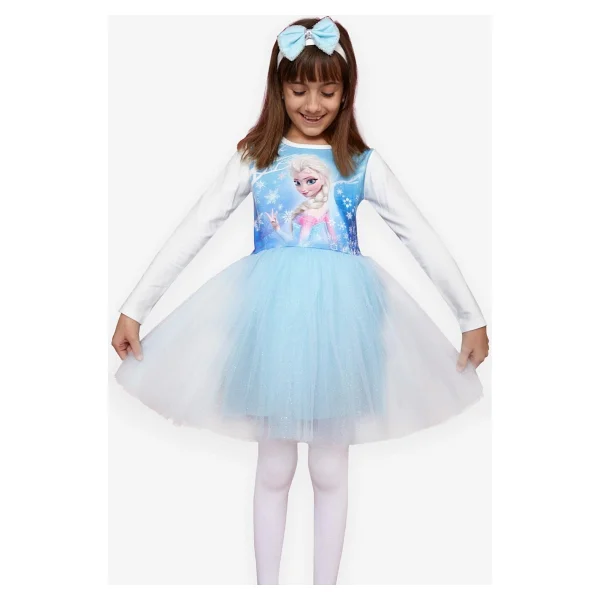 Babely Kız Çocuk Uzun Kollu Elbise Karlar Kraliçesi Elsa 5-10 Yaş, Mavi - Görsel 6