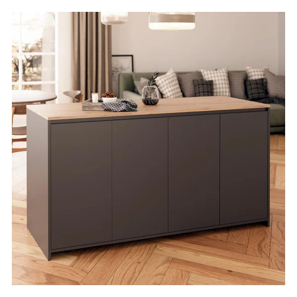 Bimossa Diego L4620 Mutfak Adası 160 Cm Antrasit Ahşap Üst Bar Masası Kahve Köşesi Kapaklı Depolamalı Çok Amaçlı Dolap - Meşe - 160x92x68 - Görsel 10