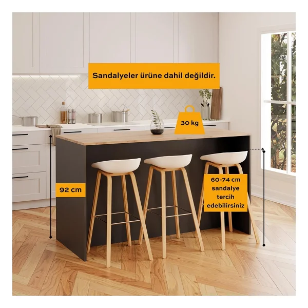 Bimossa Diego L4620 Mutfak Adası 160 Cm Antrasit Ahşap Üst Bar Masası Kahve Köşesi Kapaklı Depolamalı Çok Amaçlı Dolap - Meşe - 160x92x68 - Görsel 2
