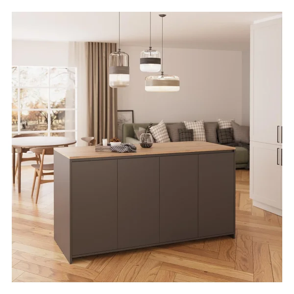 Bimossa Diego L4620 Mutfak Adası 160 Cm Antrasit Ahşap Üst Bar Masası Kahve Köşesi Kapaklı Depolamalı Çok Amaçlı Dolap - Meşe - 160x92x68 - Görsel 4