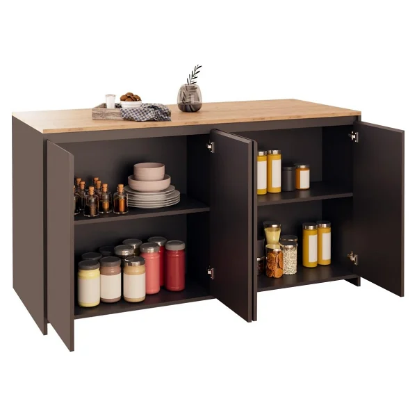 Bimossa Diego L4620 Mutfak Adası 160 Cm Antrasit Ahşap Üst Bar Masası Kahve Köşesi Kapaklı Depolamalı Çok Amaçlı Dolap - Meşe - 160x92x68 - Görsel 7