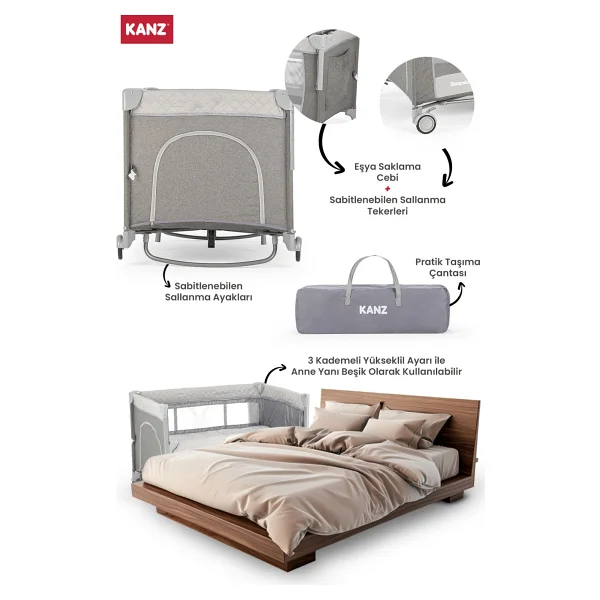 Kanz Sleepside +Plus Gri 70x110 Cm Anne Yanı Oyun Parkı - Görsel 4