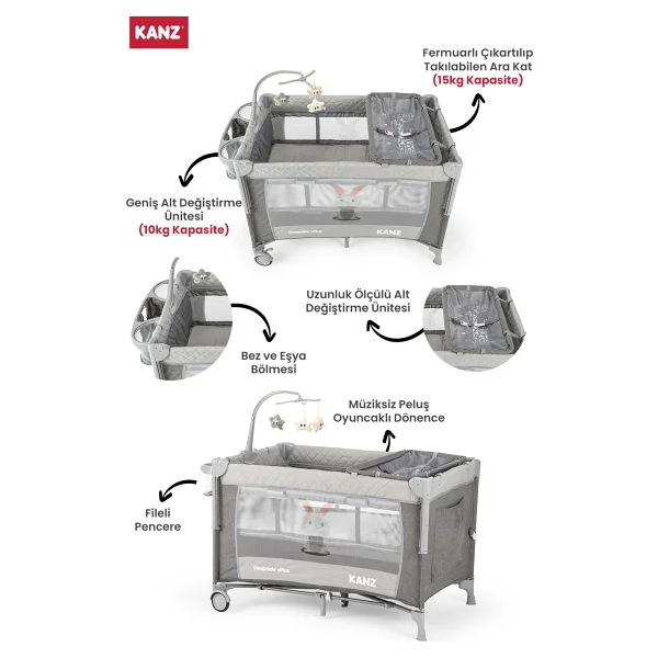 Kanz Sleepside +Plus Gri 70x110 Cm Anne Yanı Oyun Parkı - Görsel 5