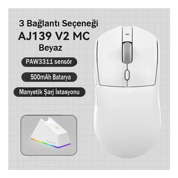 Ajazz Aj139 V2 MC Beyaz Şarjlı Optik Kablolu/Kablosuz Oyuncu Mouse - Görsel 9