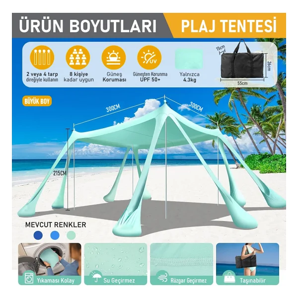 Haegs Plaj Gölgelik Tente Deniz Şemsiyesi Bahçe Gölgeliği Güneşlik Kamp Piknik 300X300CM Açık Mavi - 300-300cm Açık Mavi - Görsel 3