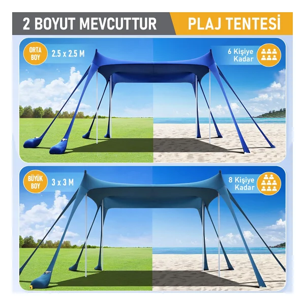 Haegs Plaj Gölgelik Tente Deniz Şemsiyesi Bahçe Gölgeliği Güneşlik Kamp Piknik 300X300CM Açık Mavi - 300-300cm Açık Mavi - Görsel 4