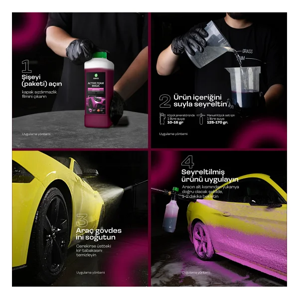 Grass Active Foam Magic 1l - Hızlı Köpüren Renk Değiştiren Fırçasız Oto Yıkama Şampuanı Tüm Araçlar İçin Araba Şampuanı Oto Temizleyici Köpük Şampuan - Görsel 2