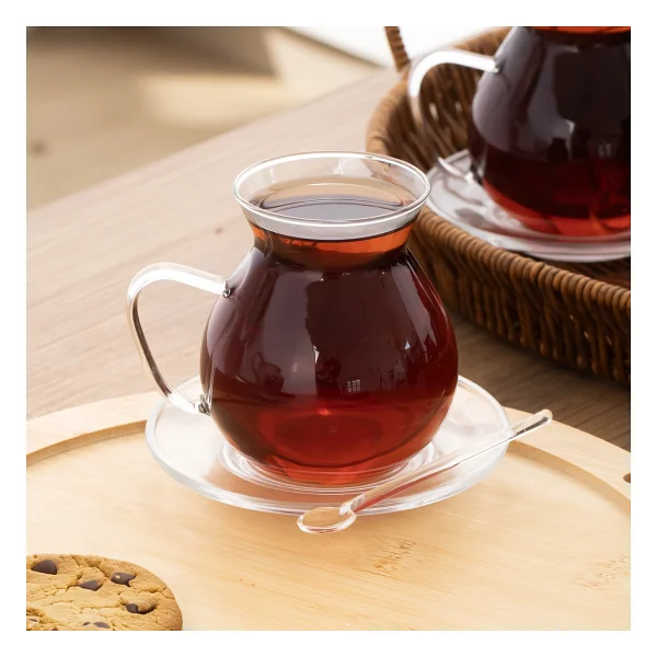 Perotti 16475 Keyfi Ala 18 Parça 6 Kişilik Çay Seti - 200 ml Borosilikat Cam Kulplu Tombik Bardak ve Cam Çay Tabağı Takımı - Görsel 2