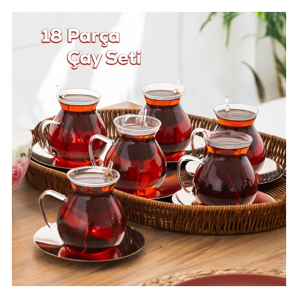 Perotti 16474 Keyfi Ala 18 Parça 6 Kişilik Çay Seti - 200 Ml Borosilikat Cam Kulplu Tombik Bardak Ve Metal Çay Tabağı Takımı - Görsel 2