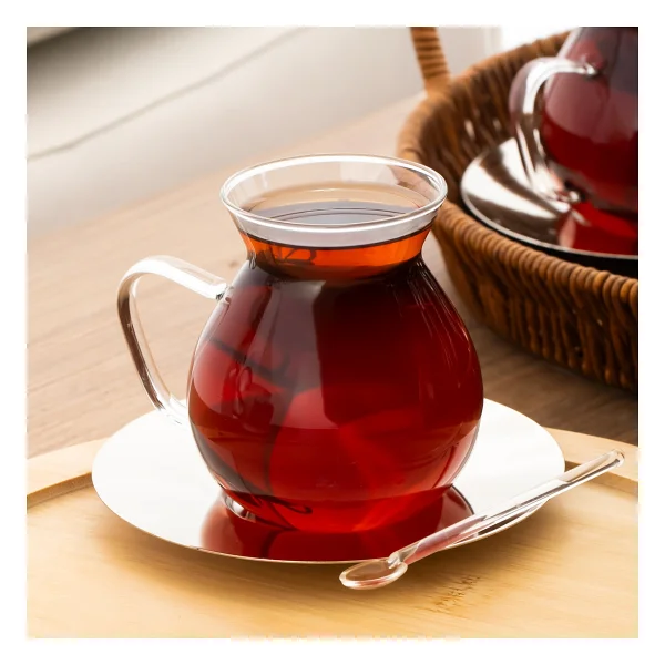 Perotti 16474 Keyfi Ala 18 Parça 6 Kişilik Çay Seti - 200 Ml Borosilikat Cam Kulplu Tombik Bardak Ve Metal Çay Tabağı Takımı - Görsel 3