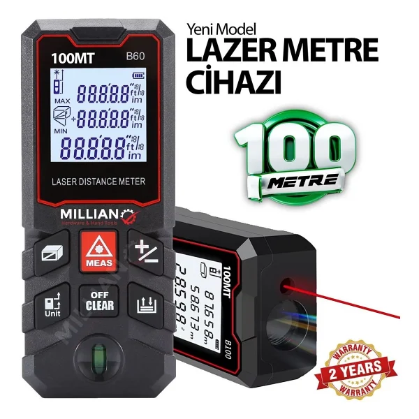 Yüksek Hassasiyet 100 Metre Lazer Metre Ölçer Lcd Dijital Ekran Su Terazili Lazermetre Lazerli - Görsel 4