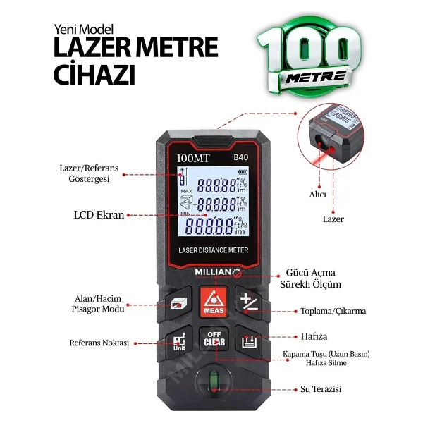 Yüksek Hassasiyet 100 Metre Lazer Metre Ölçer Lcd Dijital Ekran Su Terazili Lazermetre Lazerli - Görsel 2