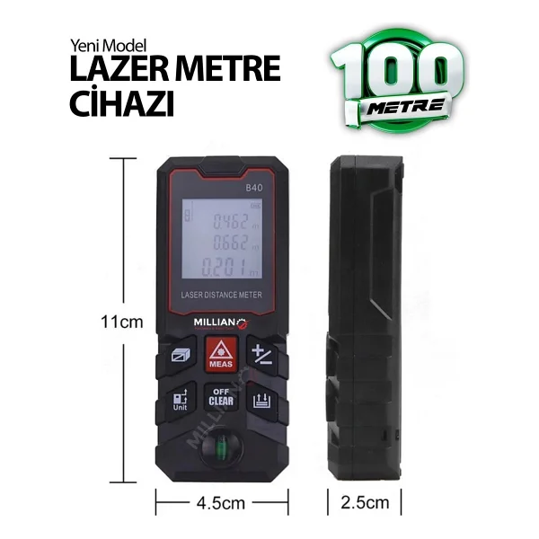 Yüksek Hassasiyet 100 Metre Lazer Metre Ölçer Lcd Dijital Ekran Su Terazili Lazermetre Lazerli - Görsel 3