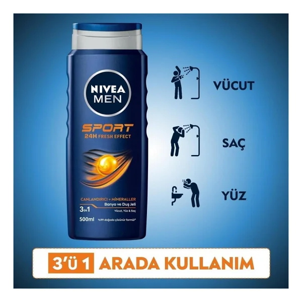 Nıvea Men Erkek Canlandırıcı Banyo Ve Duş Jeli Sports 500ml, Vücut Yüz Saç, Yenileyici Mineral, X3 Adet - Görsel 2