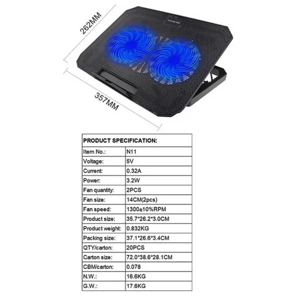 Koodmax N99 Çift Fanlı Laptop Soğutucu - 8 Kademeli Standlı Notebook Soğutucu - Siyah - Görsel 4