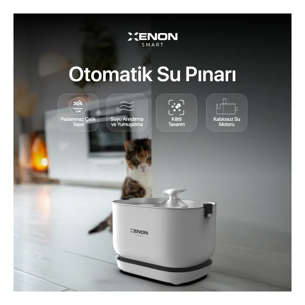 Xenon Smart Otomatik Şarj Edilebilir Evcil Hayvan Su Sebili Ultra Sessiz Çelik Hazneli Su Pınarı Ve Yedek Filtre 2'li Pet Seti - Beyaz - Görsel 5