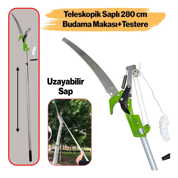 Ayarlanabilir 280 Cm Teleskopik Alüminyum Saplı Yüksek Yerlerde Ağaç Dal Kesme Budama Makası Testere - Görsel 6