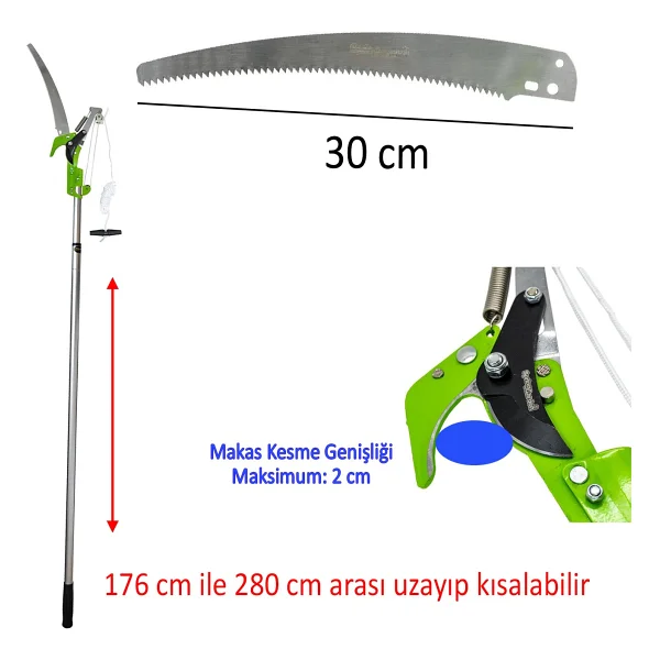 Ayarlanabilir 280 Cm Teleskopik Alüminyum Saplı Yüksek Yerlerde Ağaç Dal Kesme Budama Makası Testere - Görsel 3
