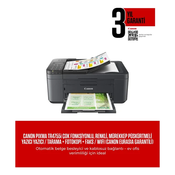 Canon Pixma Tr4755ı Wi-Fi + Tarayıcı + Fotokopi + Faks Renkli Çok Fonksiyonlu Mürekkep Püskürtmeli Yazıcı - Görsel 2