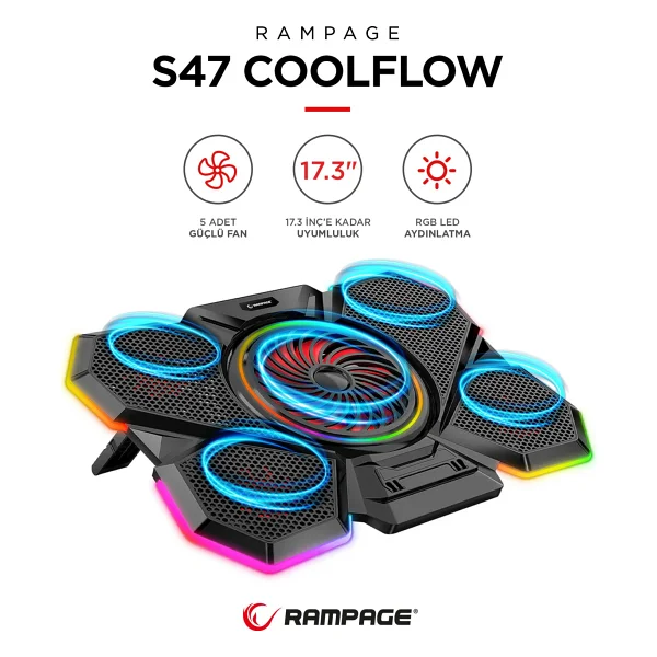 Rampage S47 Coolflow RGB 5 Fanlı 17.3" Laptop Soğutucu - Görsel 10