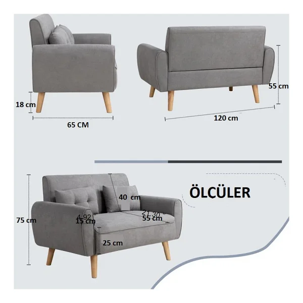 Mini Kanepe, Minimalist Kanepe, 120 Cm Koltuk, Kompakt Kanepe - Gri - Görsel 4