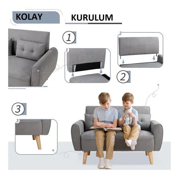 Mini Kanepe, Minimalist Kanepe, 120 Cm Koltuk, Kompakt Kanepe - Gri - Görsel 5