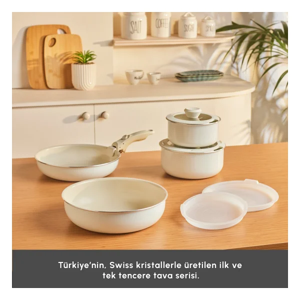 Karaca Swiss Crystal Almond Cream Easy Clip İndüksiyon Tabanlı 9 Parça Tava Tencere Seti - Görsel 2
