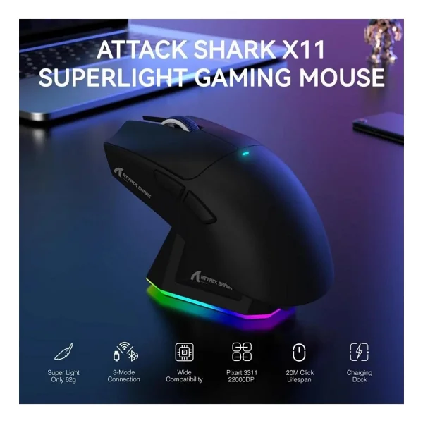 Attack Shark X11 Siyah Şarjlı Makrolu Ergonomik Optik Kablolu/Kablosuz Oyuncu Mouse - Görsel 4