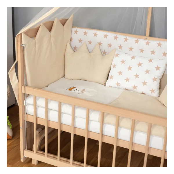 Bamgidoo Ahşap Organik Beşik Anne Yanı Beşik 3 Kademeli Lüx Bebek Beşiği 60 X 120 Cm - Krem Prens Uyku Setli & Soft Yataklı - Krem - Mavi - Görsel 10