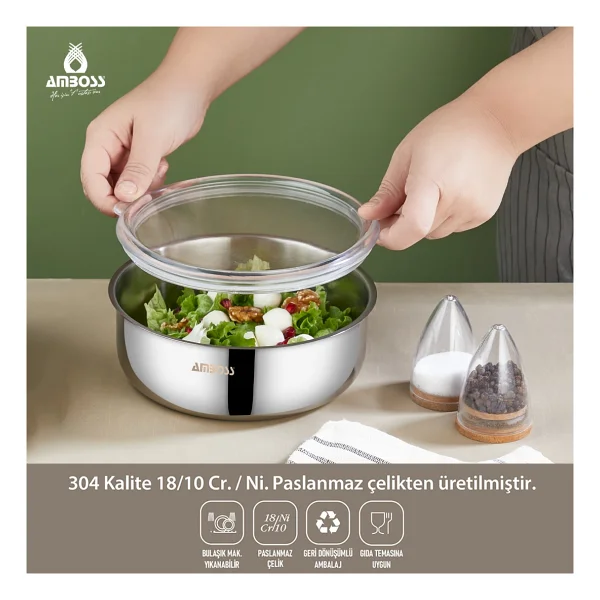 Amboss Steelbox Şeffaf Kapaklı 18 Cm Paslanmaz Çelik Saklama Kabı - Görsel 2