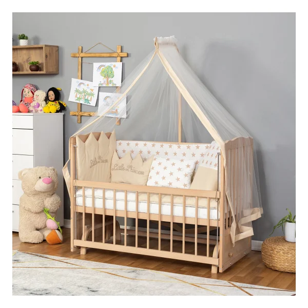 Bamgidoo Ahşap Organik Beşik Anne Yanı Beşik 3 Kademeli Lüx Bebek Beşiği 60 X 120 Cm - Krem Prens Uyku Setli & Soft Yataklı - Krem - Mavi - Görsel 8