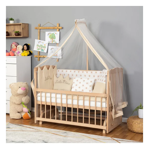 Bamgidoo Ahşap Organik Beşik Anne Yanı Beşik 3 Kademeli Lüx Bebek Beşiği 60 X 120 Cm - Krem Prens Uyku Setli & Soft Yataklı - Krem - Mavi - Görsel 6