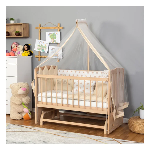 Bamgidoo Ahşap Organik Beşik Anne Yanı Beşik 3 Kademeli Lüx Bebek Beşiği 60 X 120 Cm - Krem Prens Uyku Setli & Soft Yataklı - Krem - Mavi - Görsel 2