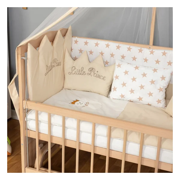 Bamgidoo Ahşap Organik Beşik Anne Yanı Beşik 3 Kademeli Lüx Bebek Beşiği 60 X 120 Cm - Krem Prens Uyku Setli & Soft Yataklı - Krem - Mavi - Görsel 3