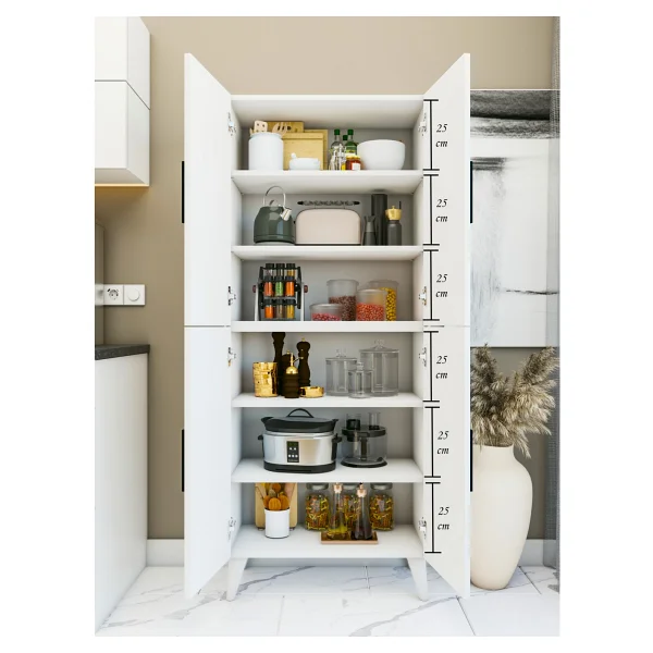 Montenero Kiler Dolabı 4 Kapaklı 6 Raflı Sığ Derinlik Mutfak Banyo Parlak Beyaz 70x170 Cm - Görsel 8