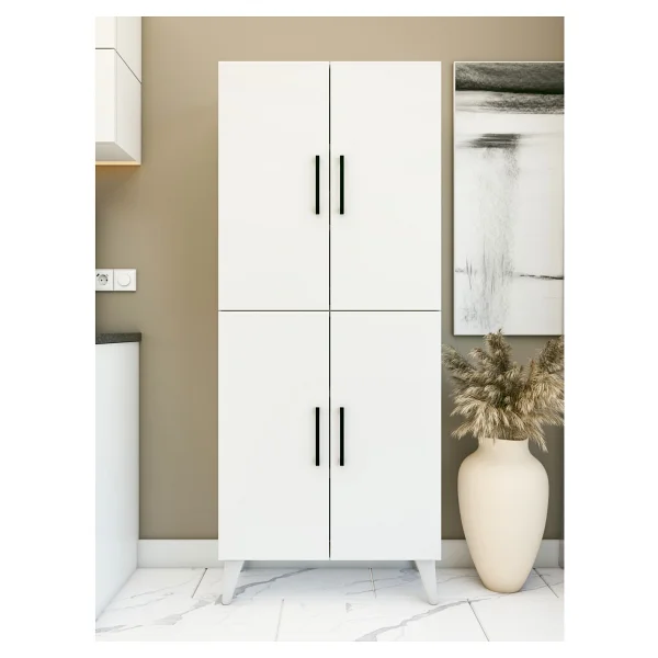 Montenero Kiler Dolabı 4 Kapaklı 6 Raflı Sığ Derinlik Mutfak Banyo Parlak Beyaz 70x170 Cm - Görsel 2
