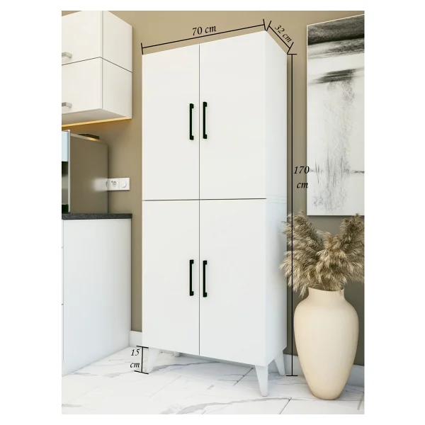 Montenero Kiler Dolabı 4 Kapaklı 6 Raflı Sığ Derinlik Mutfak Banyo Parlak Beyaz 70x170 Cm - Görsel 3